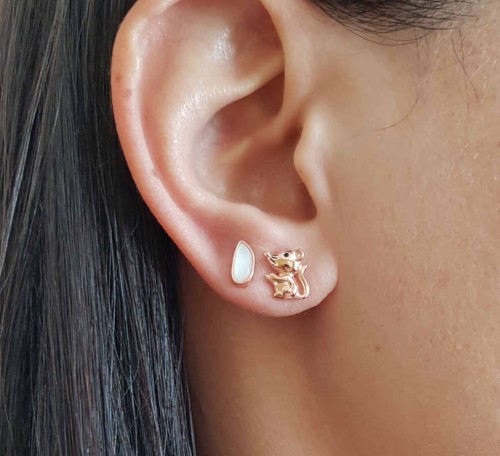 Tiny Single Mouse and Single Mother of Pearl Silver Women's Earrings 