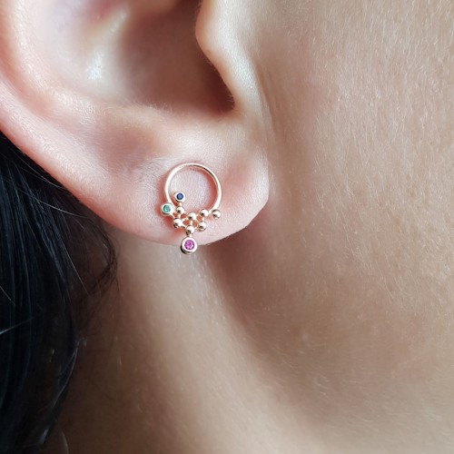 Minik Üç Renkli Taşlı Çember Gümüş Bayan Küpe - CNG Jewels