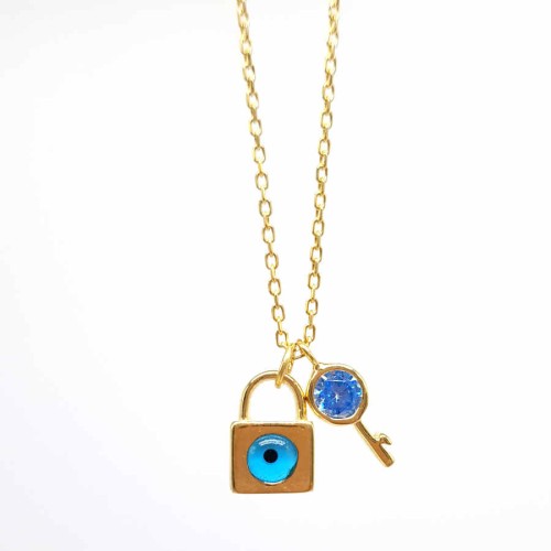 Minimal Anahtar Nazar Göz Kilit Gold Kadın Gümüş Kolye - CNG Jewels