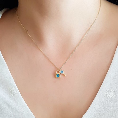 Minimal Anahtar Nazar Göz Kilit Gold Kadın Gümüş Kolye - CNG Jewels (1)