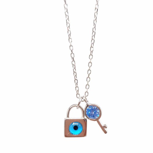 Minimal Anahtar Nazar Göz Kilit Kadın Gümüş Kolye - CNG Jewels