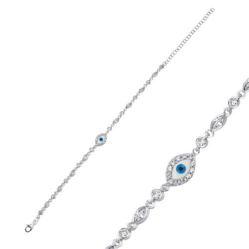 Minimal White Evil Eye Bead Women's Silver Bracelet - CNG Jewels