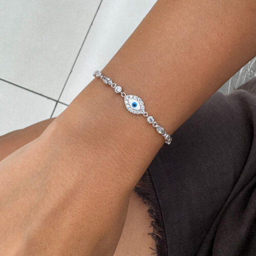 Minimal White Evil Eye Bead Women's Silver Bracelet - CNG Jewels (1)