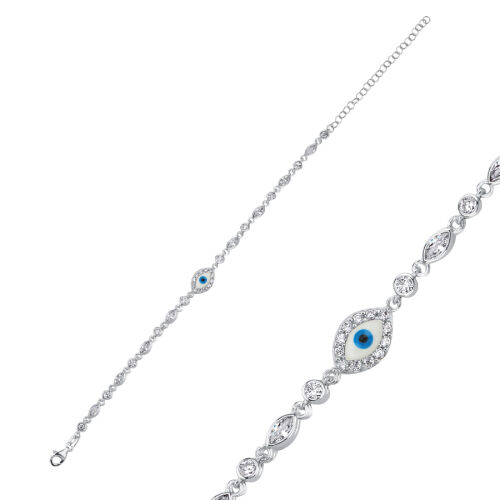 Minimal Beyaz Nazar Boncuğu Kadın Gümüş Bileklik - CNG Jewels