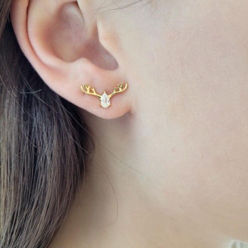 Minimal Geyik Kafası Damla Taşlı Gümüş Kadın Küpe - CNG Jewels