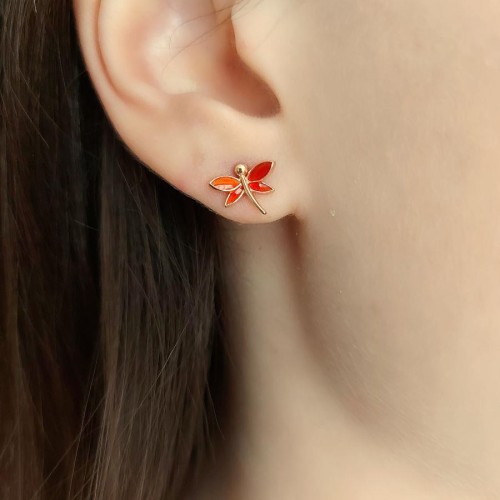 Minimal Kırmızı Mineli Yusufçuk Gümüş Kadın Küpe - CNG Jewels