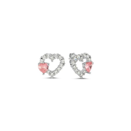 Minimal Pembe Beyaz Taşlı Kalp Gümüş Kadın Küpe - CNG Jewels