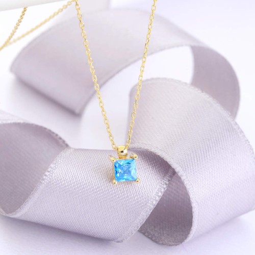 Minimal Prenses Akua Mavi Tektaş Altın Kolye - CNG Jewels (1)