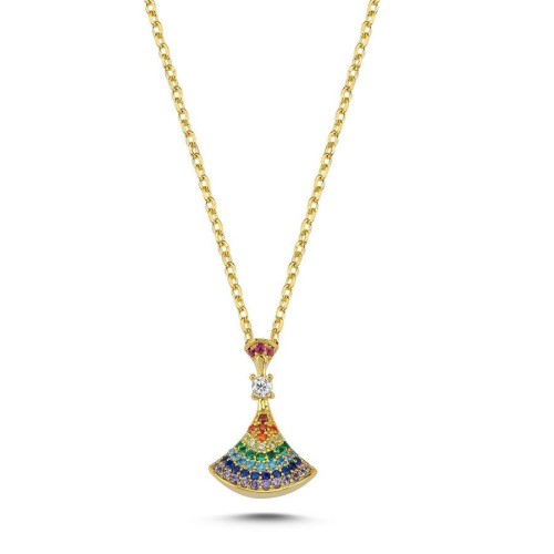 Minimal Renkli Taşlı Yelpaze Gümüş Bayan Kolye - CNG Jewels