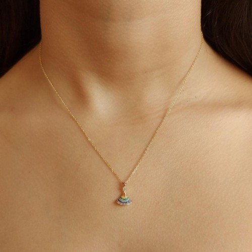 Minimal Renkli Taşlı Yelpaze Gümüş Kadın Kolye - CNG Jewels (1)