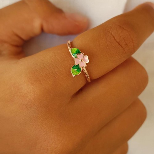 Minimal Renkli Yonca Yaprak Kadın Gümüş Yüzük - CNG Jewels (1)