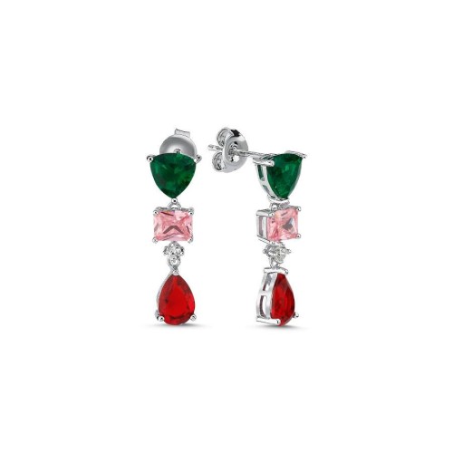 Minimal Sallantılı Üç Renk Taşlı Gümüş Kadın Küpe - CNG Jewels
