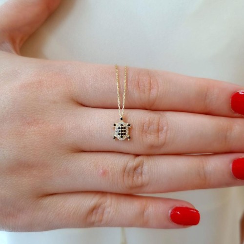 Minimal Siyah Kaplumbağa Gümüş Kadın Kolye - CNG Jewels