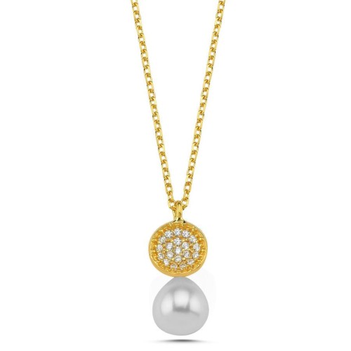 Minimal Taşlı Damla Gerçek İnci Gold Kadın Gümüş Kolye - CNG Jewels