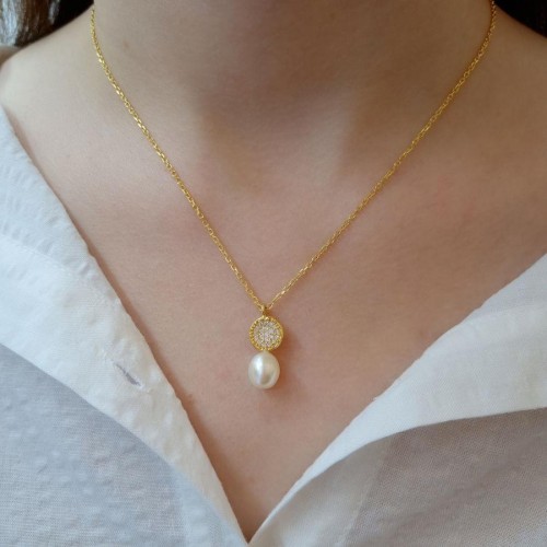 Minimal Taşlı Damla Gerçek İnci Gold Kadın Gümüş Kolye - CNG Jewels (1)