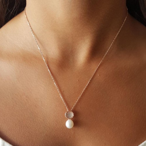Minimal Taşlı Damla Gerçek İnci Rose Kadın Gümüş Kolye - CNG Jewels