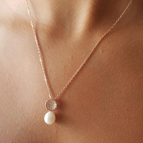 Minimal Taşlı Damla Gerçek İnci Rose Kadın Gümüş Kolye - CNG Jewels (1)