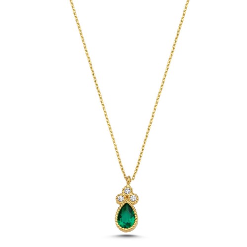 Minimal Yeşil Damla Taşlı Altın Kolye - CNG Jewels