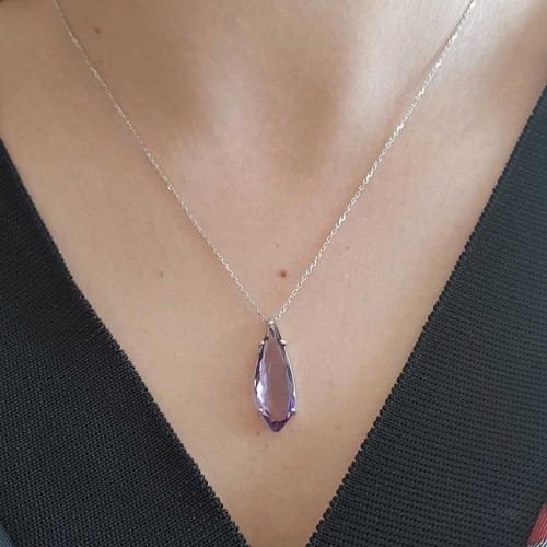 Modern Drop Cut Amethyst Stone Silver Women's Necklace 