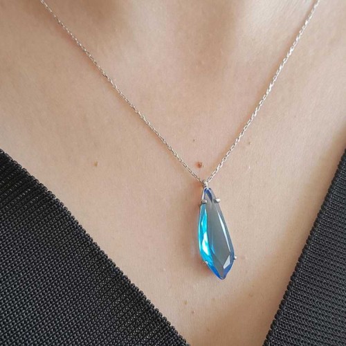 Modern Damla Kesim Mavi Topaz Renk Taşlı Gümüş Bayan Kolye - CNG Jewels (1)
