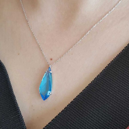 Modern Damla Kesim Mavi Topaz Renk Taşlı Gümüş Bayan Kolye - 3