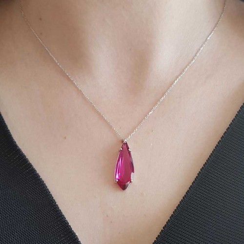 Modern Drop Ruby Color Stone Silver Women's Necklace 