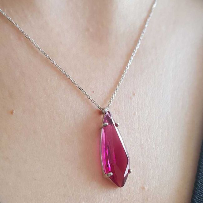 Modern Damla Yakut Renk Taşlı Gümüş Kadın Kolye - 3