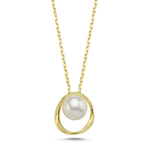 Modern Tasarım İncili Gold Kadın Gümüş Kolye - CNG Jewels