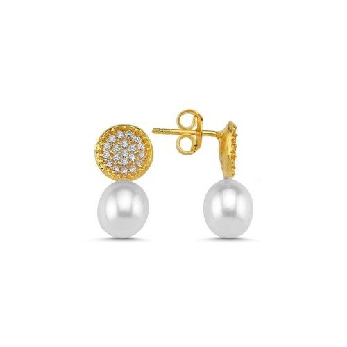 Modern Taşlı Doğal Damla İncili Gold Gümüş Bayan Küpe - CNG Jewels