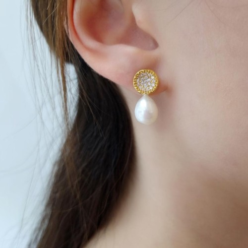 Modern Taşlı Doğal Damla İncili Gold Gümüş Bayan Küpe - CNG Jewels (1)