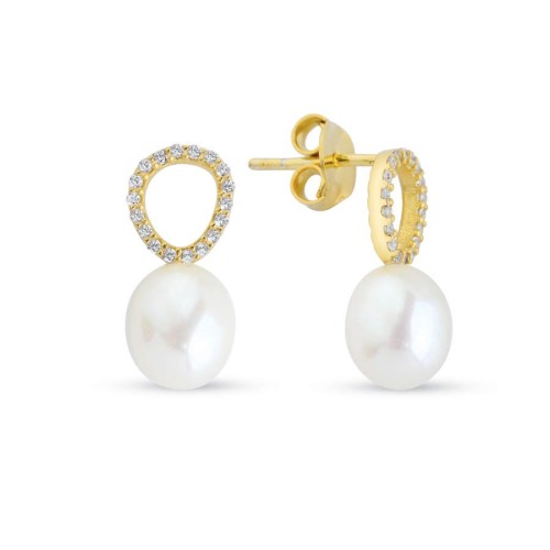 Modern Taşlı Halka Doğal Damla İncili Gümüş Bayan Küpe - CNG Jewels