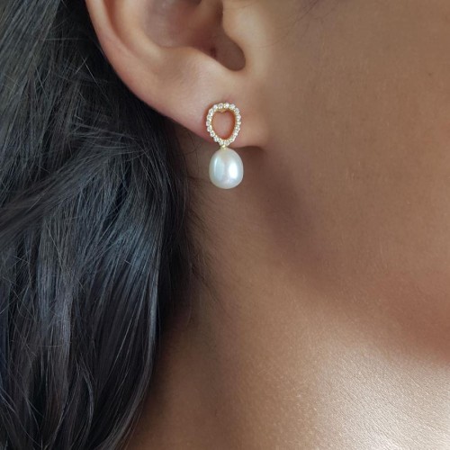 Modern Taşlı Halka Doğal Damla İncili Gümüş Bayan Küpe - CNG Jewels (1)