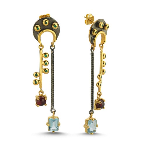 Moon Blıue Topaz Granat Özel Tasarım Kadın Gümüş Küpe - CNG Jewels