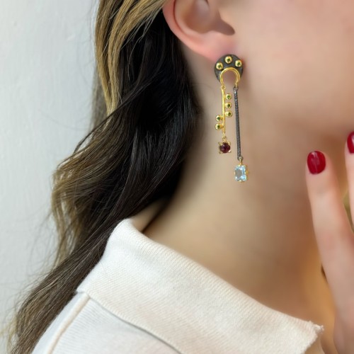 Moon Blıue Topaz Granat Özel Tasarım Kadın Gümüş Küpe - CNG Jewels (1)