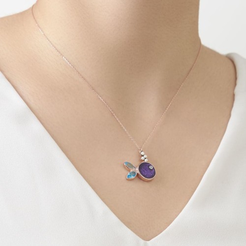 Purple Enamel Fish Silver Women's Necklace 