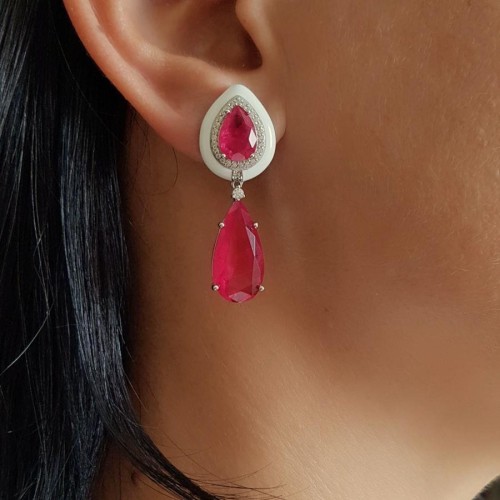 Jewelry Design Drop Ruby Enameled Silver Women's Earrings - CNG Jewels