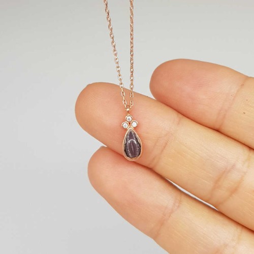 Damson Small Drop Cat's Eye Rose Silver Women's Necklace - CNG Jewels