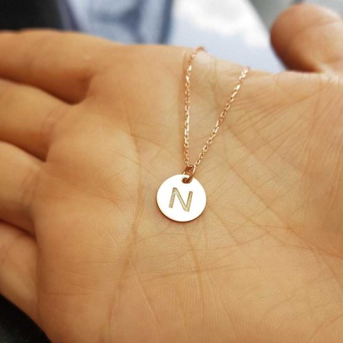 N Harfi Rose Minimal Plaka Gümüş Kadın Kolye 