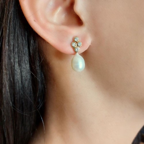 Natural Drop Pearl with Four Stone Earrings - 2