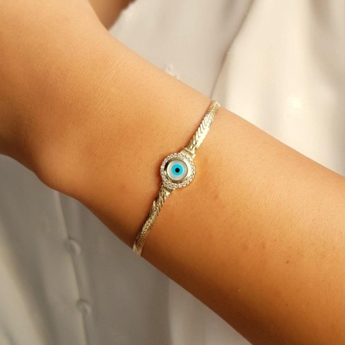 Nazar Göz Balık Sırtı Zincir Gold Kadın Gümüş Bileklik - CNG Jewels