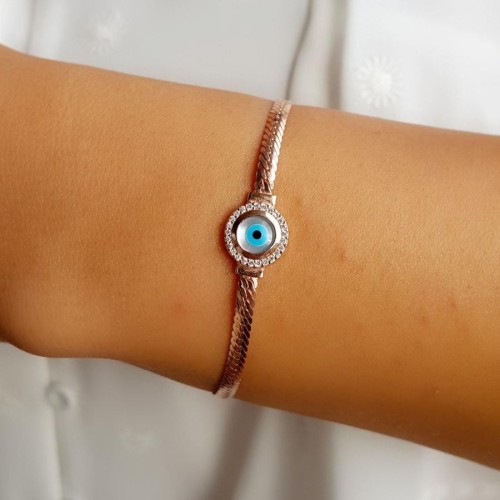 Nazar Göz Balık Sırtı Zincir Rose Kadın Gümüş Bileklik - CNG Jewels