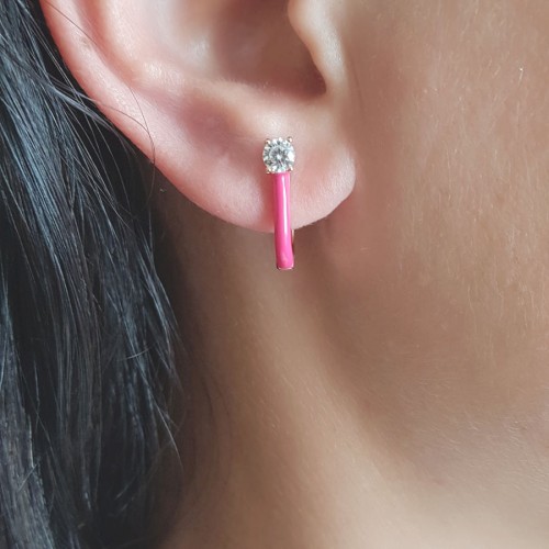 Neon Pembe Mineli Tek Taşlı Halka Gümüş Bayan Küpe - CNG Jewels (1)