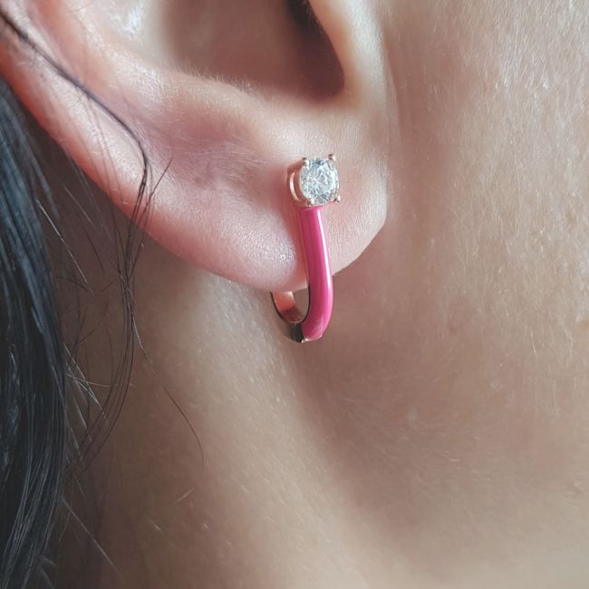 Neon Pembe Mineli Tek Taşlı Halka Gümüş Kadın Küpe - 1