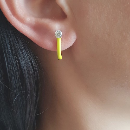 Neon Sarı Mineli Tektaşlı Halka Gümüş Bayan Küpe - CNG Jewels (1)