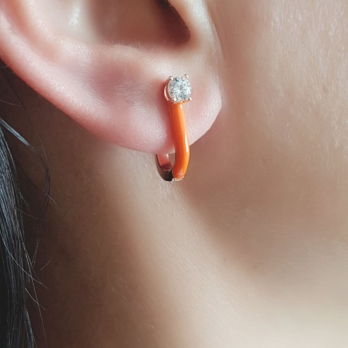 Neon Turuncu Mineli Tektaşlı Halka Gümüş Bayan Küpe - CNG Jewels (1)