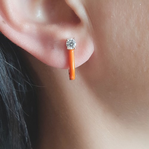 Neon Orange Enameled Solitaire Hoop Silver Women's Earrings - CNG Jewels (1)
