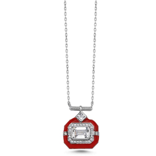 Oktagon Kırmızı Mine Trend Kadın Gümüş Kolye - CNG Jewels