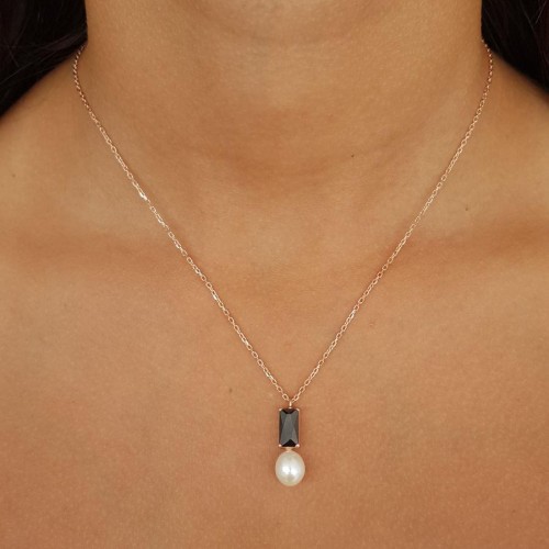 Oktagon Oniks Damla Gerçek İnci Kadın Gümüş Kolye - CNG Jewels (1)