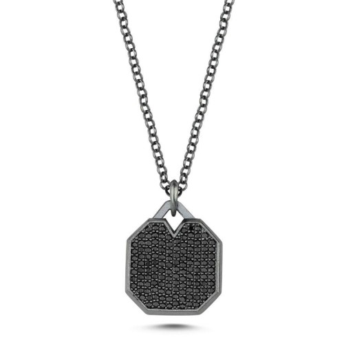 Oktagon Siyah Taşlı Plaka Tasarım Gümüş Erkek Kolye - CNG Jewels