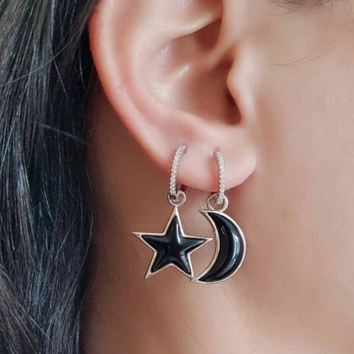 Oniks Taşlı Ay Yıldız Tasarım Gümüş Bayan Küpe - CNG Jewels